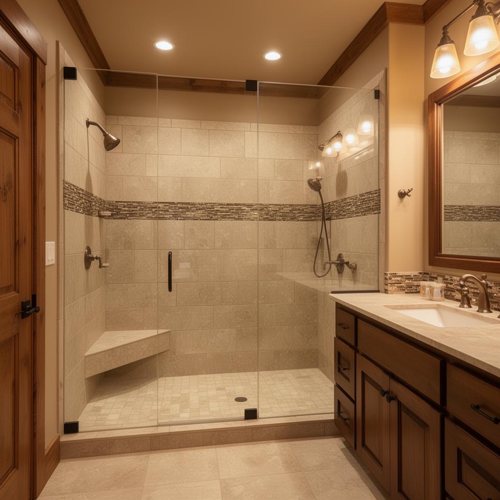 Completed bathroom tile remodel with walk-in shower and porcelain tile in Blue Ridge, GA